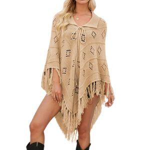1356 Women's Fashion Fringe Knitted Poncho Cape Lapel Hollow Crochet Shawl